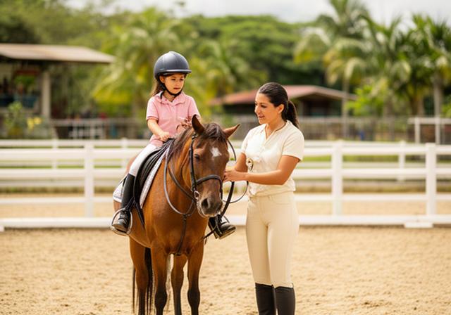 Niña recibiendo clase de equitación con instructor en pista del club hípico de Soledad
