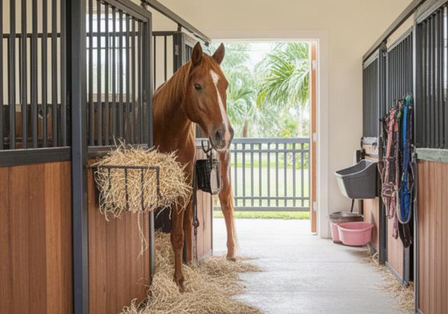 Establo limpio con caballo alojado en pensión equina en Soledad mostrando instalaciones seguras